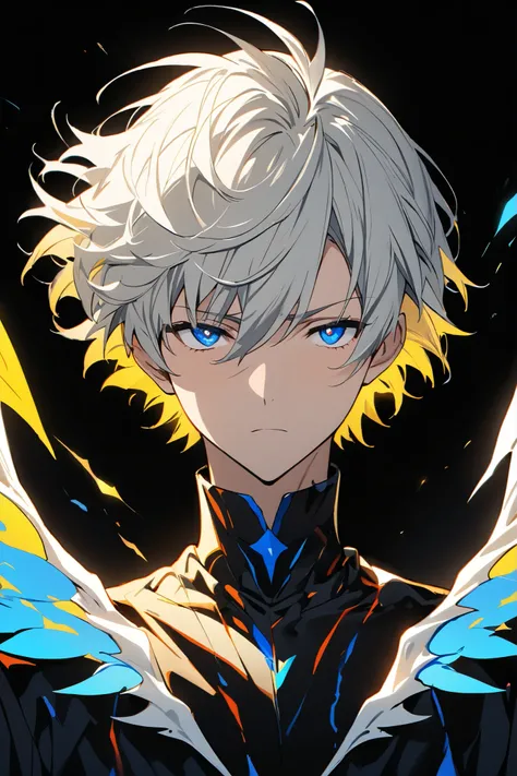 [(BLACK BACKGROUND:1.5),::5], ((masterpiece)), high quality, ultra very high resolution, full color, ((solo)), ((adult male)), ((men's white Short hair), (inner yellow hair), (blue eye.), anime, (upper body), (Wings EFFECT:1)