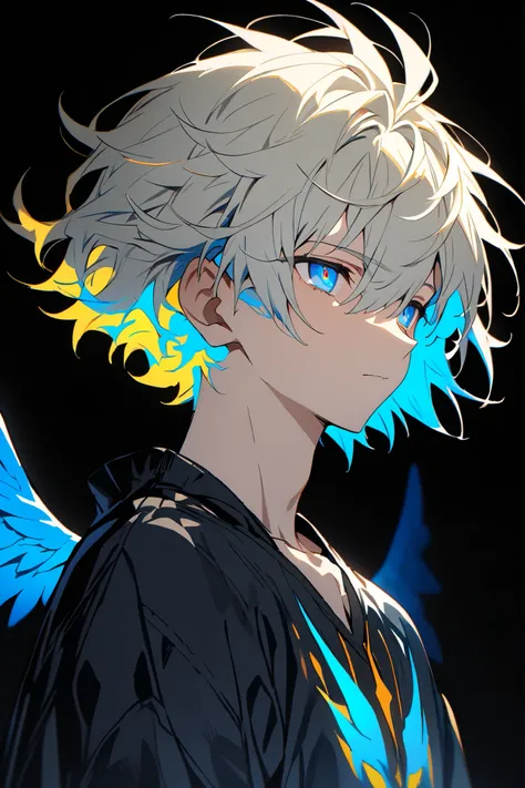 [(BLACK BACKGROUND:1.5),::5], ((masterpiece)), high quality, ultra very high resolution, full color, ((solo)), ((adult male)), ((men's white Short hair), (inner yellow hair), (blue eye.), anime, (upper body), (Wings EFFECT:1)