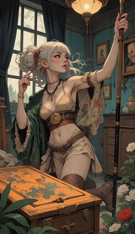 (The fusion of ukiyo-e and dark fantasy. Aesthetic, gothic-inspired digital art. Detailed facial rendering. Depicted from a low, oblique angle looking up at the woman. Emotional.) BREAK
(In the bedroom of a medieval castle deep in the mountains of Romania...