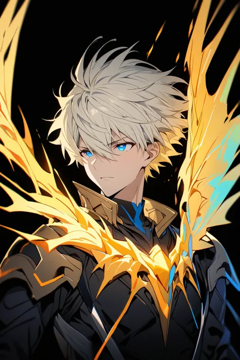 [(BLACK BACKGROUND:1.5),::5], ((masterpiece)), high quality, ultra very high resolution, full color, ((solo)), ((adult male)), ((men's white Short hair), (inner yellow hair), (blue eye.), anime, (upper body), (Wings EFFECT:1)