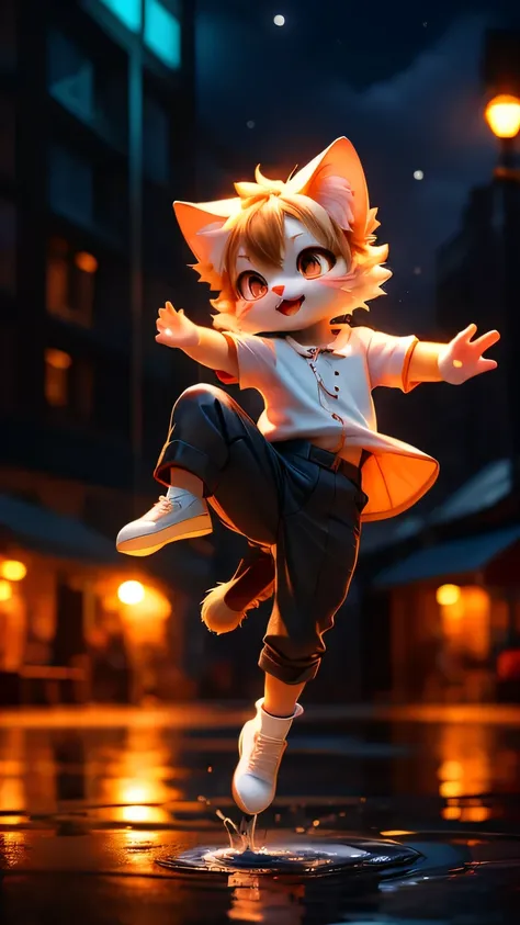 night、through glass、 over a puddle、pink sexy cat jumping over the stage、 wear clothes、Trousers