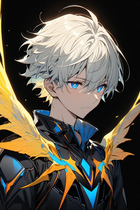 [(BLACK BACKGROUND:1.5),::5], ((masterpiece)), high quality, ultra very high resolution, full color, ((solo)), ((adult male)), ((men's white Short hair), (inner yellow hair), (blue eye.), anime, (upper body), (Wings EFFECT:1)