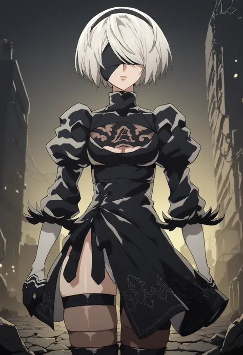 1girl, solo, white hair, short hair, black blindfold, black dress, thigh slit, black gloves, puffy sleeves, black thighhighs, nier2Bdef score_9, score_8_up, score_7_up, score_6_up, ruined city, dark theme, abandoned buildings, broken windows, crumbling wal...