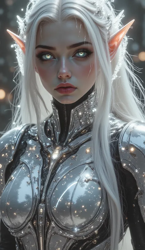 A majestic female elf standing at the crossroads of technology and fantasy. She wears a sleek high-tech armor infused with glowing elven runes, made of silver and crystal alloys. Her long white hair flows around a cybernetic circlet that channels both mana...