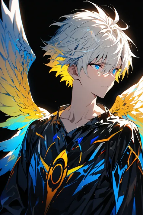 [(BLACK BACKGROUND:1.5),::5], ((masterpiece)), high quality, ultra very high resolution, full color, ((solo)), ((adult male)), ((men's white Short hair), (inner yellow hair), (blue eye.), anime, (upper body), (Wings EFFECT:1)