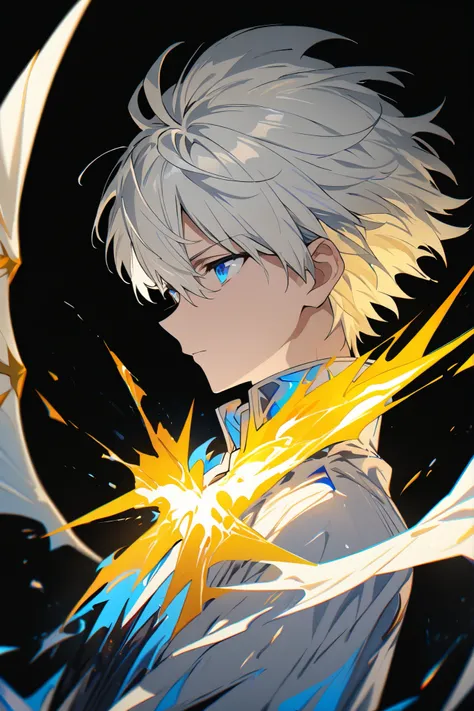 [(BLACK BACKGROUND:1.5),::5], ((masterpiece)), high quality, ultra very high resolution, full color, ((solo)), ((adult male)), ((men's white Short hair), (inner yellow hair), (blue eye.), anime, (upper body), (Wings EFFECT:1)