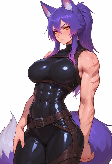 gorgeous kitsune girl, beautiful face, kitsune, adult woman, purple color hair, hunter girl, orange eyes, slit pupils, detailed eyes, personalami style, volputrous body, covered breasts, curvy and athletic, kitsune ears, ponytail hair, fox tail, black body...