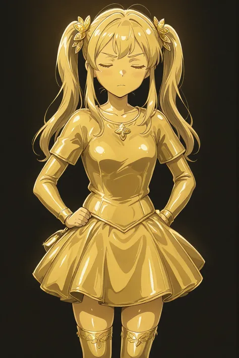 masterpiece, Highest Quality, Newest, ultra high definition, closed her eyes, gold髪,  jaundice, Women in their 20s, with her mouth closed, no students, yellow skin, shiny skin,  gold属の肌, Eyebrows, 1girl, solo, cowboy shot, standing, dynamic, watching viewe...