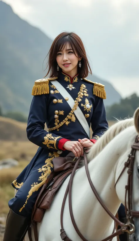realism reminiscent of a portrait of Napoleon Bonaparte、 she's Japanese 、high definition、High Quality、8k、16k、anatomically correct perfect body、perfect anatomically correct hand、perfect anatomically correct face、(((She has a smile or a seductive smile:1.3))...
