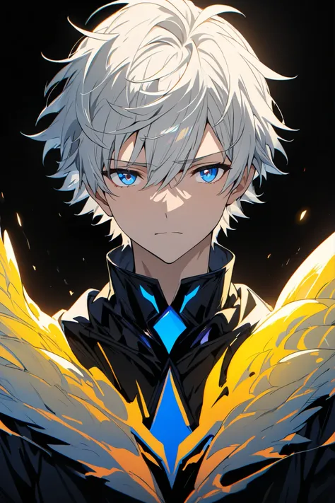 [(BLACK BACKGROUND:1.5),::5], ((masterpiece)), high quality, ultra very high resolution, full color, ((solo)), ((adult male)), ((men's white Short hair), (inner yellow hair), (blue eye.), anime, (upper body), (Wings EFFECT:1)