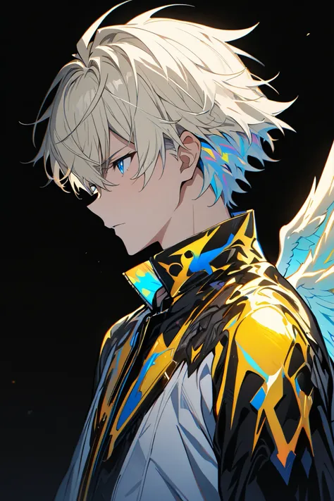 [(BLACK BACKGROUND:1.5),::5], ((masterpiece)), high quality, ultra very high resolution, full color, ((solo)), ((adult male)), ((men's white Short hair), (inner yellow hair), (blue eye.), anime, (upper body), (Wings EFFECT:1)