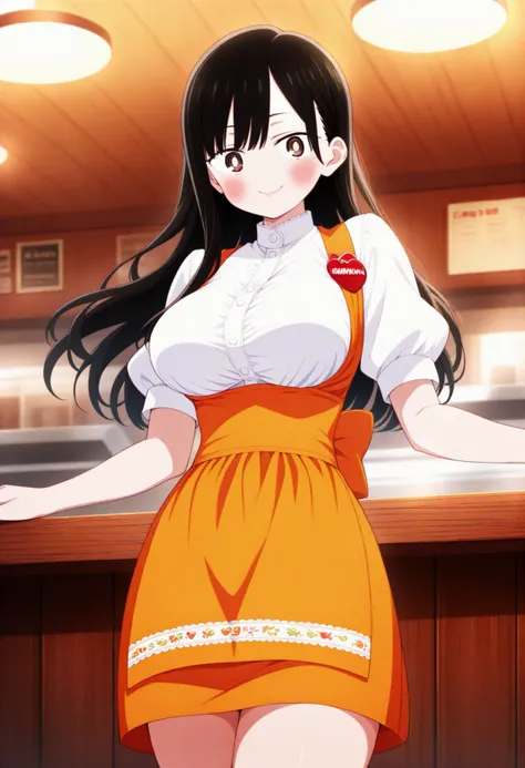 masterpiece,best quality,amazing quality, 1girl, solo, Annayamada/YamadaAnna, boku no kokoro no yabai yatsu, brown_eyes, black_hair, long_hair, large_breasts, anna miller ,orange waitress,name tag,high-waist skirt,suspender skirt, apron ,cowboy shot, gloss...