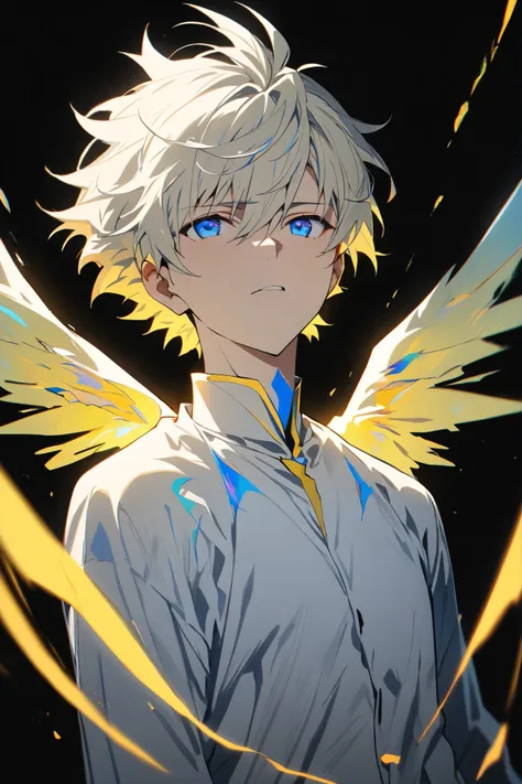 [(BLACK BACKGROUND:1.5),::5], ((masterpiece)), high quality, ultra very high resolution, full color, ((solo)), ((adult male)), ((men's white Short hair), (inner yellow hair), (blue eye.), anime, (upper body), (Wings EFFECT:1)