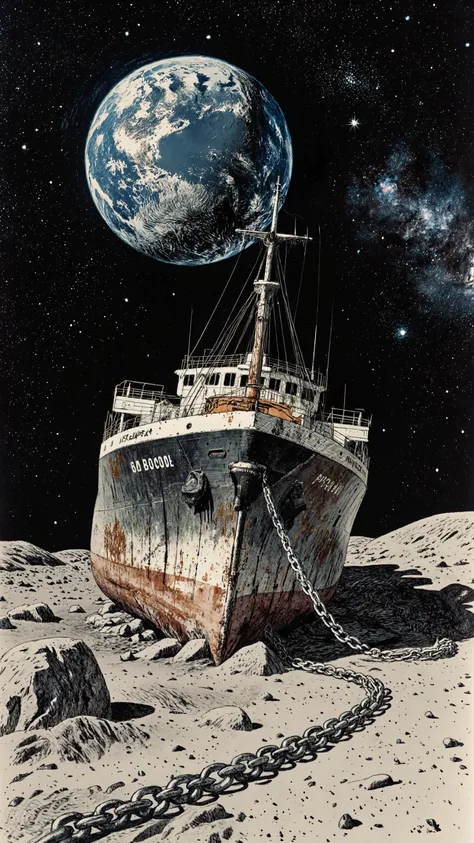 Vintage-SF style illustration,emphasized perspective,A view from directly below,dynamic angle, peering through the chain in front,a massive cargo ship moored in the moon ground,The ship that ran aground and tilted,The ship has run aground on the rocks and ...