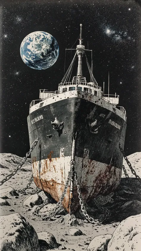 Vintage-SF style illustration,A view from directly below,dynamic angle, peering through the chain in front,a massive cargo ship moored in the moon ground,The ship has run aground on the rocks and is listing slightly. heavy chains stretching out, the ship's...