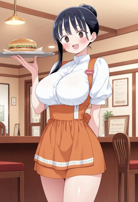 masterpiece,best quality,amazing quality, 1girl, solo, Annayamada/YamadaAnna, boku no kokoro no yabai yatsu, brown_eyes, black_hair, long_hair, large_breasts, anna miller ,red waitress,name tag,high-waist skirt,suspender skirt, apron ,cowboy shot, glossy l...