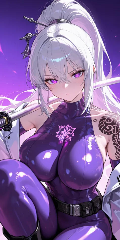 Ishmael, Silver hair, sidelocks, black hairband, hair stick, purple eyes, face freckles, black shoulder tattoos, flower pattern kimono, wide sleeves, black sash, Masterpiece, mature woman, Kurokumo Ishmael (Limbus Company), tall body, slim, upper body, ult...