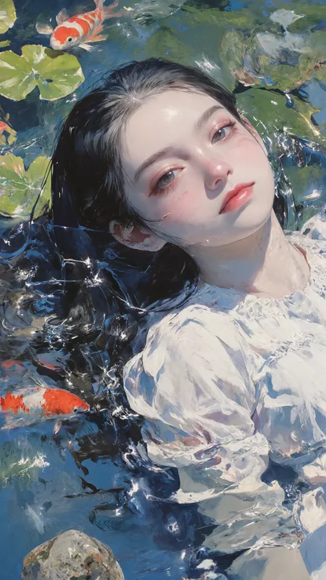 A vivid Impressionist painting inspired by Claude Monet's “Water Lilies.” A woman with fair skin relaxes in the clear water. She is 20 years old, her beautiful long black hair spreading out underwater. Only her face emerges above the surface while her body...