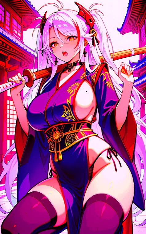 masterpiece, best quality, amazing quality,, prinz eugen, prinz eugen (azur lane), white hair, long hair, orange eyes, two side up, mole, mole on breast, streaked hair, parted bangs, antenna hair, mature female, large breasts,, black choker, black panties...