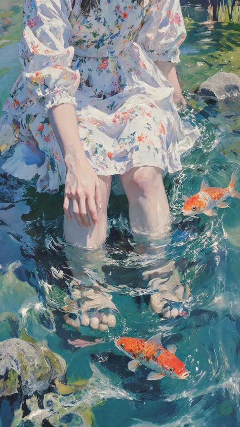 Inspired by Claude Monet's “Water Lilies”,A vibrant, impressionistic painting depicting a person wading in crystal-clear water, with a partial view of the person's body from the torso down. The person, likely a woman, has fair skin. She wears a delicate, w...
