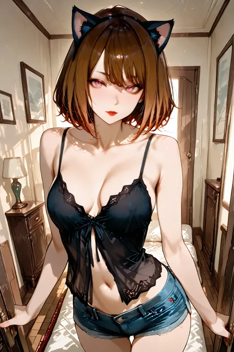 Masterpiece, best quality, ultra-detailed, 8k, rich-contrast.
A gothic-influenced catgirl, feminine curves, beautiful decollete, softly shining skin, collarbone-length chestnut-brown hair with smooth, beautiful eyes, delicate red lips, cat ears matching h...