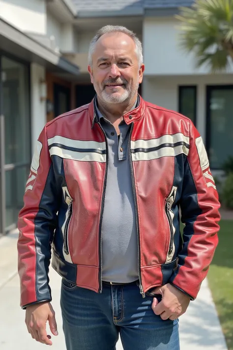 a 58 year old 280 pound man with light wrinkling of the skin, wearing a 1970swornbluwhtcfrcrjkt red and white cafe racer 1970s era jacketm standing outside of a modern futuristic house in a rich neighborhood