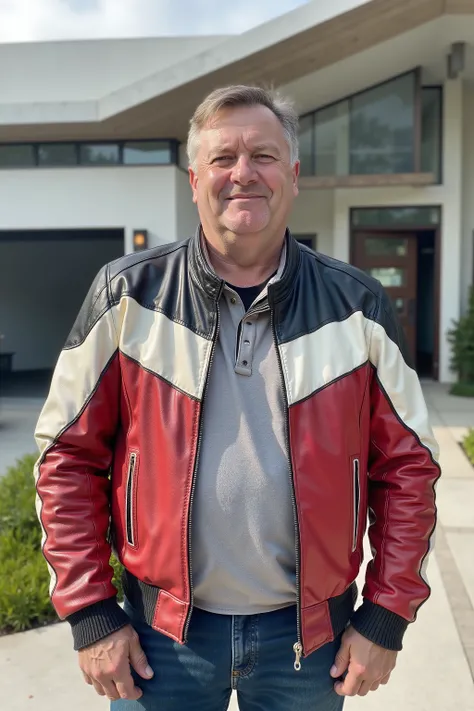 a 58 year old 280 pound man with light wrinkling of the skin, wearing a 1970swornbluwhtcfrcrjkt red and white cafe racer 1970s era jacketm standing outside of a modern futuristic house in a rich neighborhood