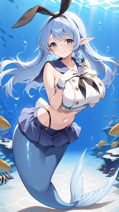 (Fraction_9:0.9),Fraction_8_Up,Fraction_7_Up,grade,(zPDXL3),(   masterpiece),  ( Best Quality),(All five fingers ),A Girl,alone,Water Enchantress of the temple,Long blue hair,blue eyes,  bangs,elf ear,shimakaze (cosplay),miniskirt,蓝色sailor collar,White Glo...