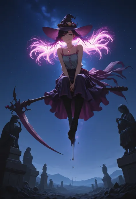 masterpiece, the best quality, from ahead, al aire libre, crows in the air, Smoking, pipa de Smoking, Ruined City , headband, character: a girl with messy hair, dark red hair, sparkles dark purple, facial scar,dark drawings in the hands, long hair, low twi...