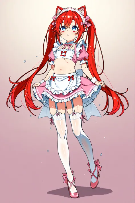 Highest Quality、 pink maid outfit with shiny silk short sleeve puff sleeves、See-through、belly short skirt、Fluffy Red Ribbons 、Short white frilly apron、 White Garter Belts with Bows 、Pink ribbon high heels、Large headband with ribbon、red face、troubled face、s...