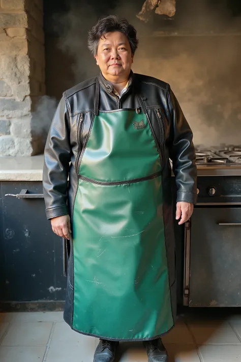 a 59 year old 400 pound obese asian woman wearing a leather dress 1970swornbluwhtcfrcrjkt made in the style of a cafe racer 1970s era jacket, the dress is long and worn with a bright green shiny heavily polished and thick lead apron, the woman stands insid...