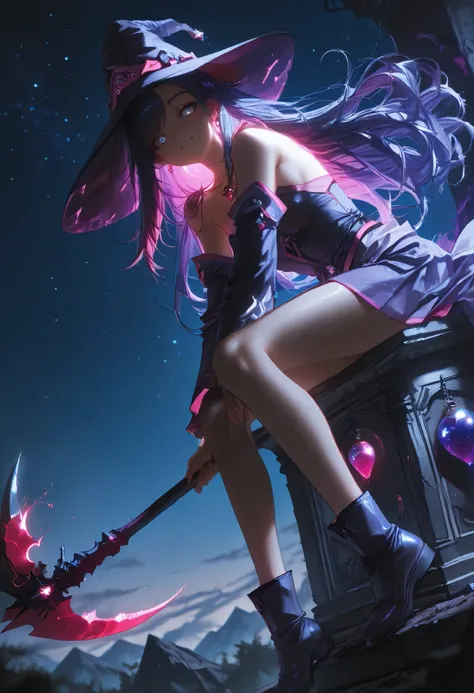 masterpiece, the best quality, from the front, al aire libre, crows in the air, Smoking, pipa de Smoking,  Ruined City  , headband, character: a girl with messy hair, dark red hair, dark purple sparks, facial scar,dark drawings on the hands, long hair, low...