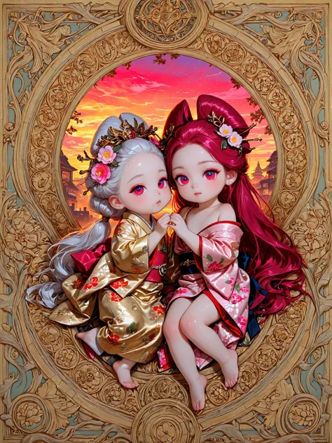  kimono toddler girl, small chest, baby-like face, infant body shape, white skin, short limbs, (((long reddish-purple red crimson long hair))) (((ツインテールヘアー))) (((glowing sky-blue big eyes))), gold, silver and floral hair ornament, full body, dewy skin, inf...