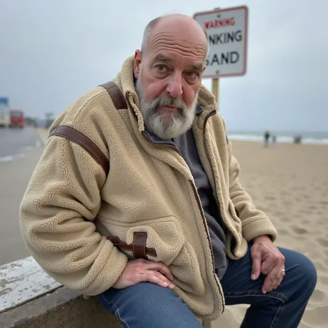 a wide angle image of a 79 year old fat ugly bald man weighing 800 pounds, the man is massively obese, the man wears brnfurlthrjktrev 1980s vintage mens reversible leather jacket with the fur side out, the jacket is white soft fur and has brown leather str...