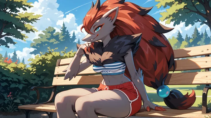best quality, Female Zoroark with medium sized breast in only a pair of black and red shorts sitting by a wooden park bench with a background of a tree. Sun shining high above the sky casting a shadow covering most of the park bench that the Zoroark was si...