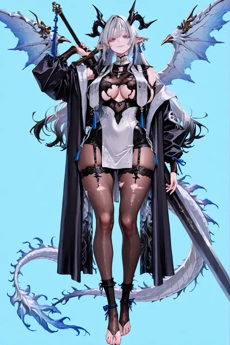   8k wallpaper、    top quality 、masterpiece,   748cm スThailandル   、sexy black bralette dress with fishnet top beneath,   woman 1 person、ribbon、piercings and earrings on her ears,  pointy elf ears, black ripped pelvic curtain dress、 cute black oversized coa...