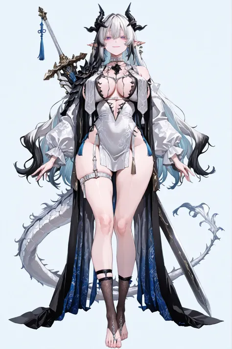   8k wallpaper、    top quality 、masterpiece,   748cm スThailandル   、sexy black bralette dress with fishnet top beneath,   woman 1 person、ribbon、piercings and earrings on her ears,  pointy elf ears, black ripped pelvic curtain dress、 cute black oversized coa...