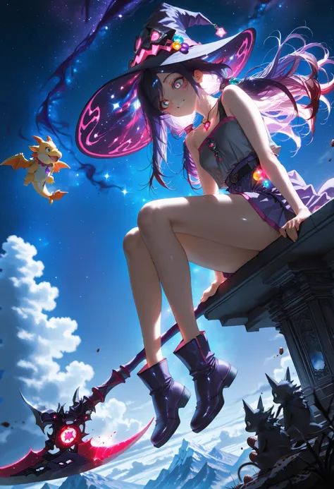 masterpiece, the best quality, from the front, al aire libre, crows in the air, Smoking, pipa de Smoking, Ruined City , headband, character: a girl with messy hair, dark red hair, dark purple sparks, facial scar,dark drawings on the hands, long hair, low...