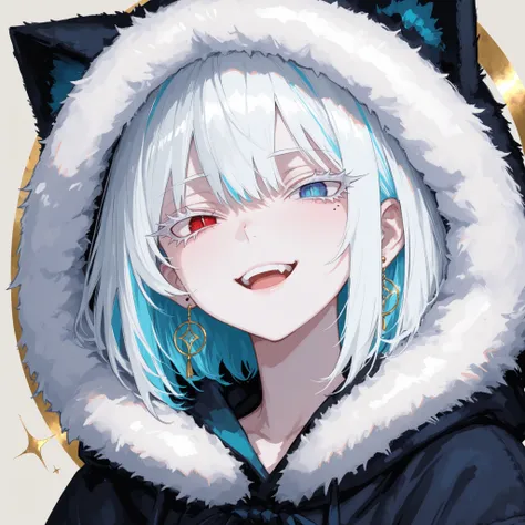 Highest Quality, ultra high definition, masterpiece 【Protagonist】、((solo, anime))、((womanhood)), laugh happily, long white hair, Turquoise Blue Hair、 ((Heterochromia, my left and right eyes are different colors、Red Eyes, blue eyes)), ((My eyelashes are whi...