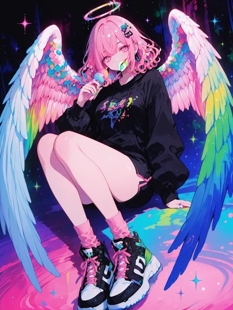 Woman, solo, Colorful nails, pink eyes,curly hair、hair ornaments,colorful background, pink hair, dynamic pose、Highest Quality、masterpiece、Full Body、multi-angle