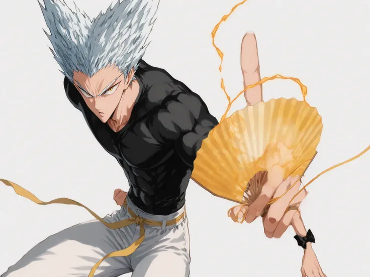 1 person, man[One Punch Man Garou]., Black Little Bow Seamless Ballet Flats., White jogger pants., A thick yellow string tied roughly forwards around the waist., Black long sleeve t-shirt that sticks., yellow eyes., neat white hair, subtle color shifts in ...
