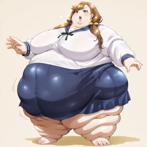 tenjousora brown eyes, long hair, asymmetrical hair, asymmetrical bangs, brown hair, low twintails, hair ribbon white shirt, blue sailor collar, neck ribbon, long sleeves, blue skirt, neck disappeared, neck bulge, neck fat, swollen neck, fat, chubby, obese...