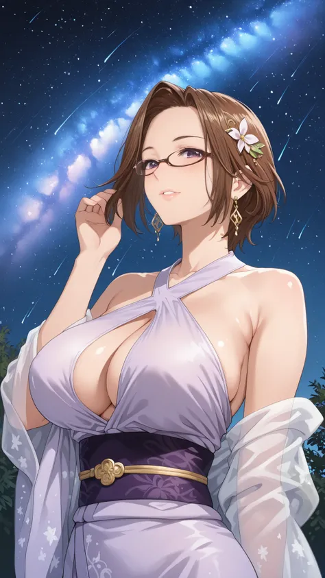 solo, tomoe (accelerando), purple eyes, brown hair, short hair, glasses, mature woman, Tight waist、Small waist、shiny Skin , (upper body), sexy, (adult woman, 25+), score_9, score_8_up, score_7_up, source_anime,(extremely detailed CG), (best quality), Beaut...