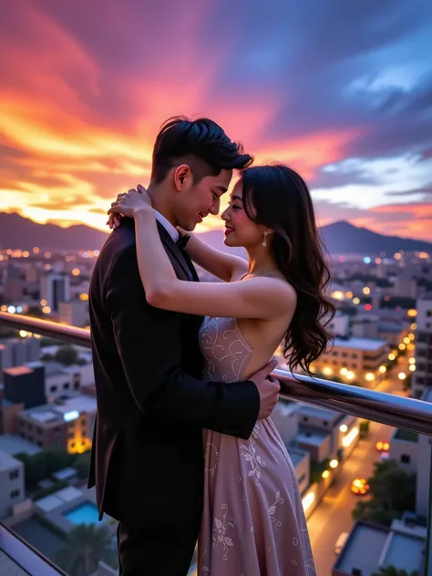 meichan,enhanced,A stunning young woman with delicate features and a handsome man embracing on a luxury apartment balcony at sunset. Golden hour light illuminates their faces with warm tones, creating intimate shadows and highlights. Her eyes sparkle with ...