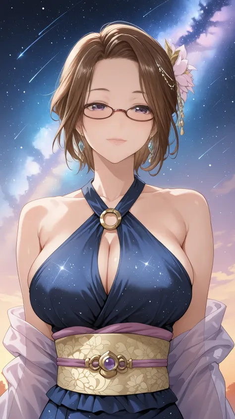 solo, tomoe (accelerando), purple eyes, brown hair, short hair, glasses, mature woman, Tight waist、Small waist、shiny Skin , (upper body), sexy, (adult woman, 25+), score_9, score_8_up, score_7_up, source_anime,(extremely detailed CG), (best quality), Beaut...
