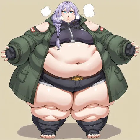 zPDXLxxx, Luna, blue eyes, purple hair, long hair, braid, hair over shoulder, hair between eyes, bangs, small breasts, coat, green coat, hooded coat, shoulder cutout, long sleeves, shorts, short shorts, black shorts, midriff, belt, fingerless gloves, bla...