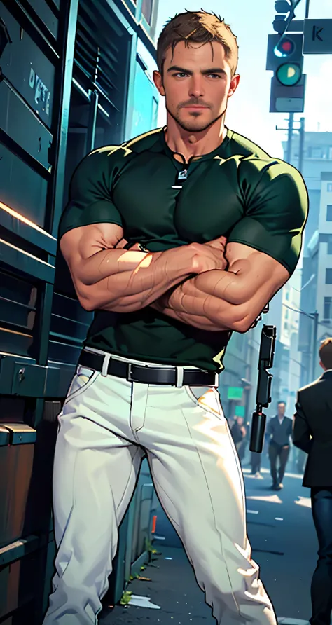 vpl,vpl,1 man, male focus solo,45 yo man, (((Stephen AMELL as private investigator))), lean muscle, open blue shirt, marine blue jeans with brown belt ,( bulge), full body shot, dark blond short hair, BLUE GREEN EYES , well groomed facial hair, (((( HANDS...