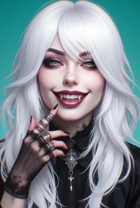 Image is a digital illustration featuring a modern comic book style character with long, flowing white hair that covers part of the face. The character has a light skin tone and is depicted with a playful expression, smiling with eyes half closed. The char...