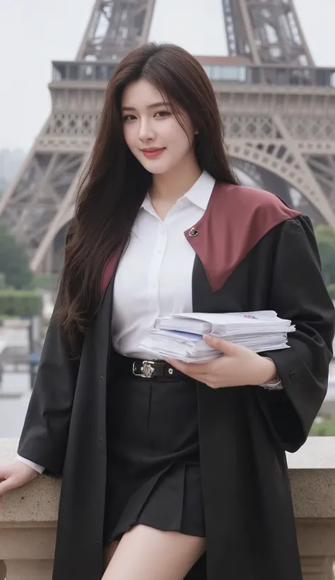 A portrait image shows a young Korean-Thai woman standing in Paris.
She has a long, fluffy haircut, showing off her narrow forehead. She has a voluptuous figure. She is chubby-sexy. She has a soft black hair colour. She wears a graduation gown. The gown ...