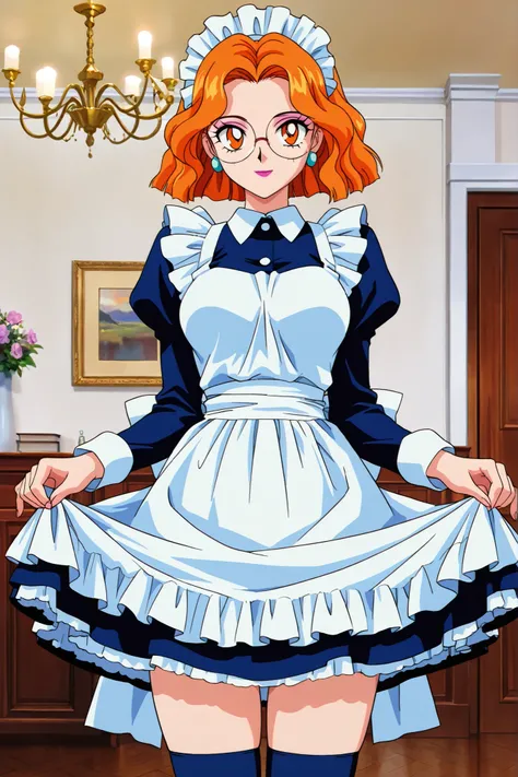 masterpiece, amazing quality, best quality, ultra-detailed, 8K, illustration, ultra-detailed-eyes, soft skin, very awa, very as2, soft body, 1990s \(style\), official art, Mimete, medium breasts, earrings, orange hair, orange eyes, makeup, lipstick, glasse...